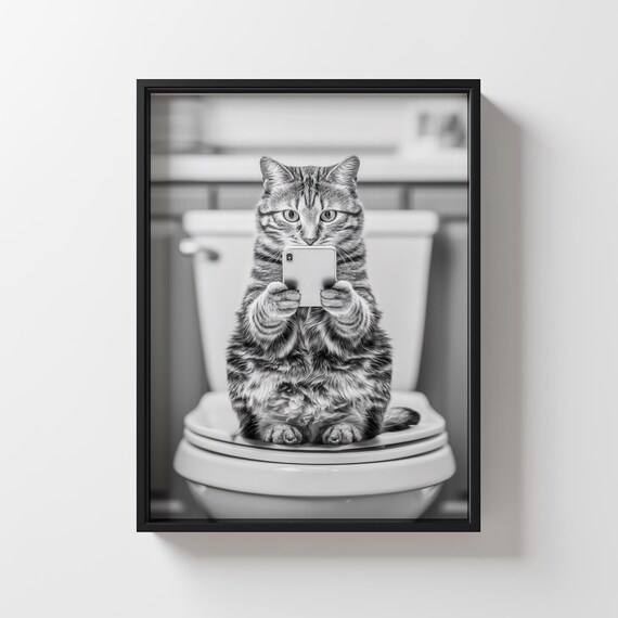 Tabby Cat Sitting on Toilet With Smartphone Funny Bathroom Wall Art