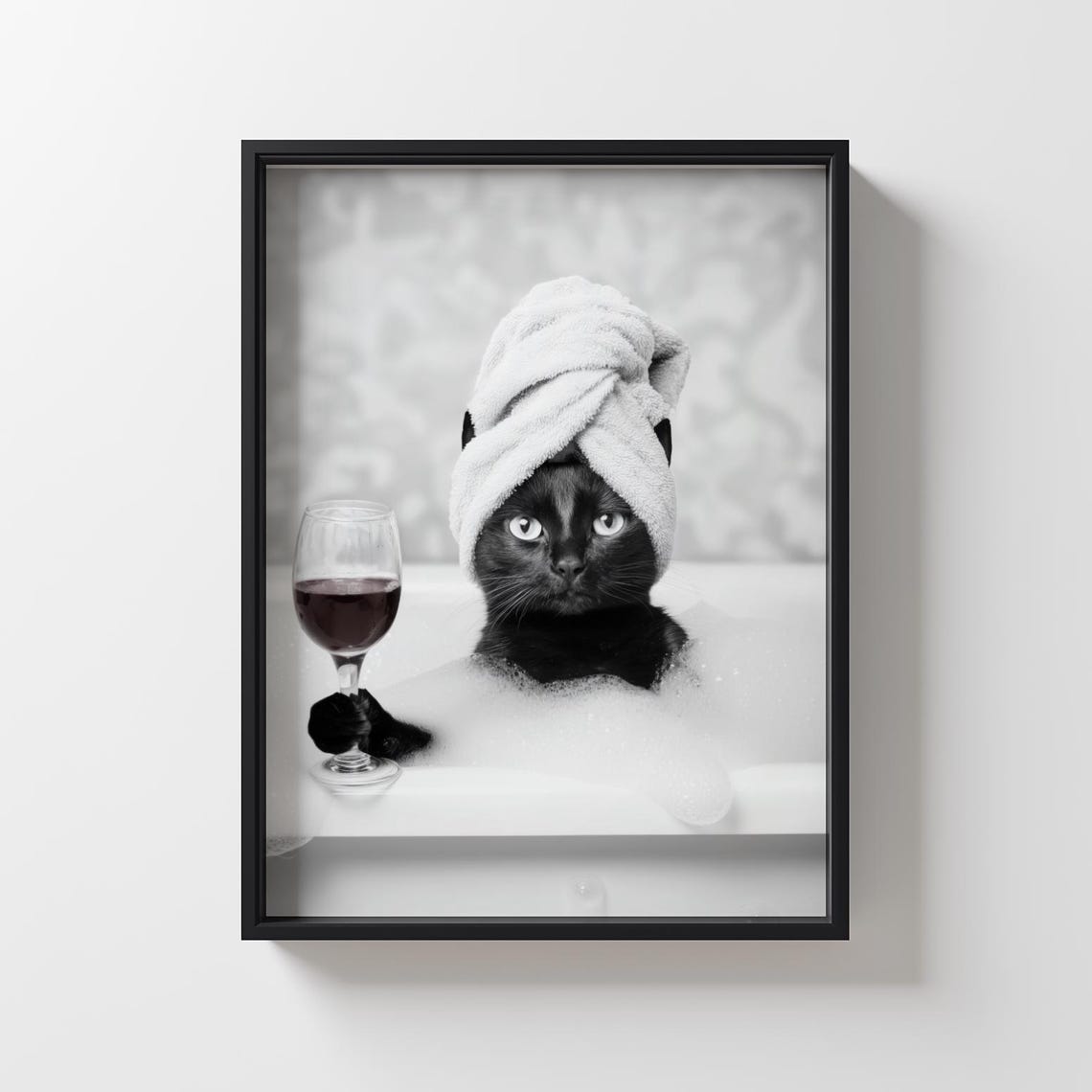 Funny Black Cat In Bubble Bath Print Bathroom Walldecor 5 Sizes Included