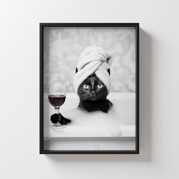 Black Cat Bubble Bath with Wine Glass Funny Bathroom Wall Art