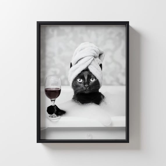 Funny Black Cat In Bubble Bath Print Bathroom Walldecor 5 Sizes Included