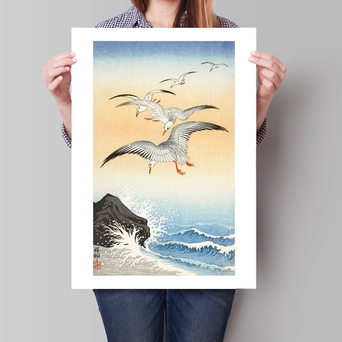 Ohara Koson Seagulls Flying Over Ocean Waves Vintage Bird Woodblock Poster - Image 3