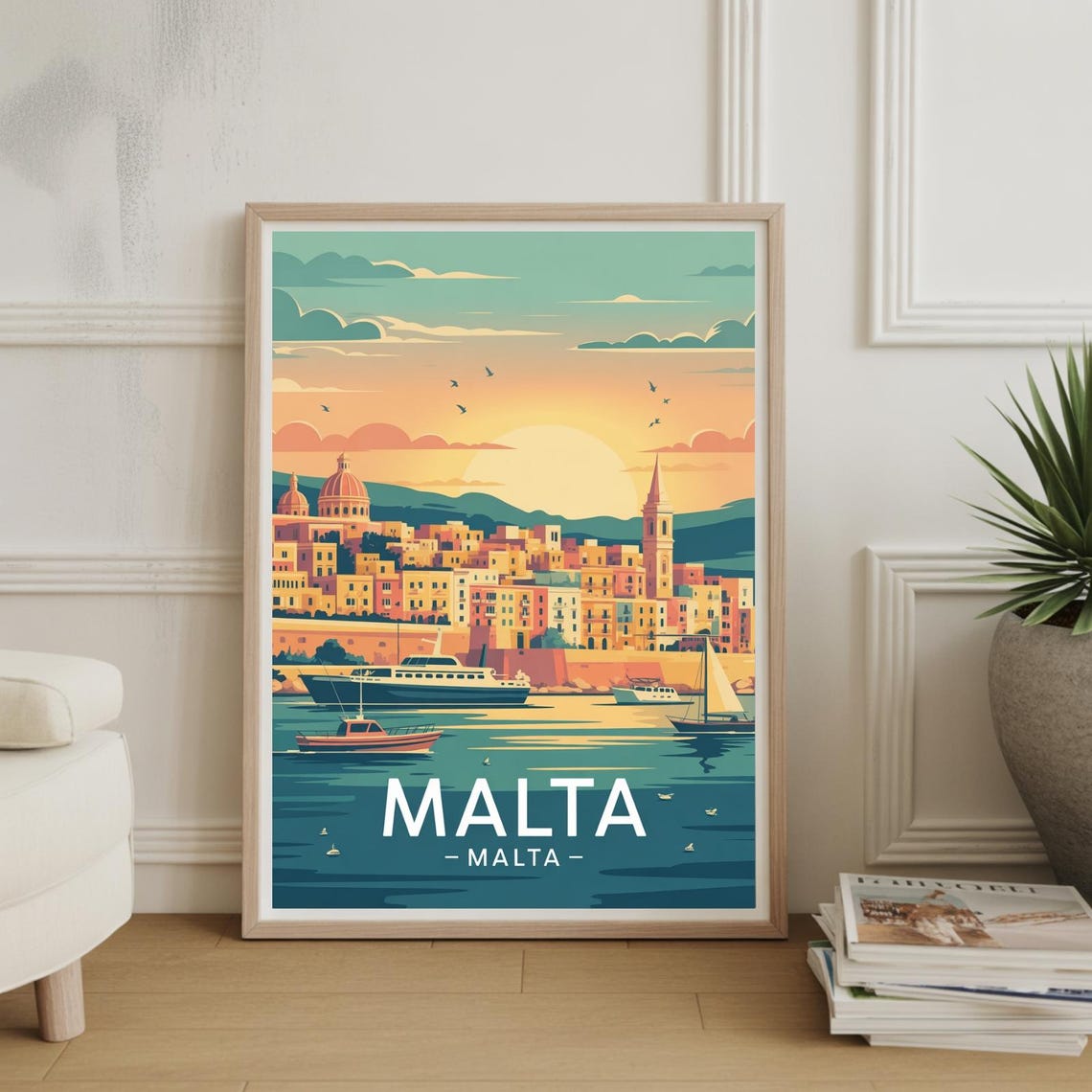 Malta Harbor Historic Waterfront City Sunset Boats Travel Poster