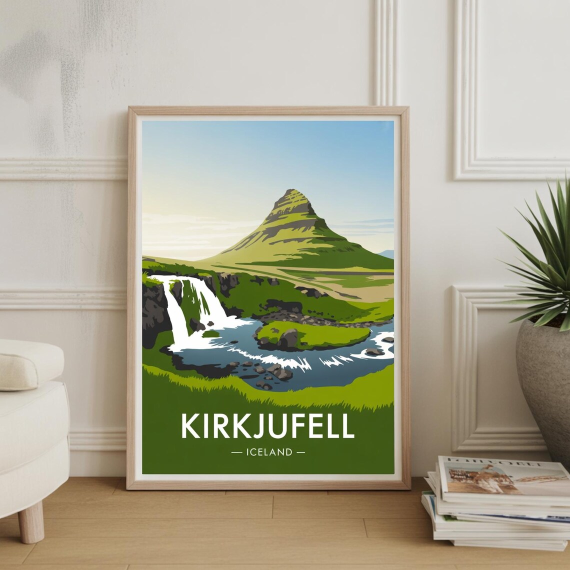 Kirkjufell Iceland Waterfall and Mountain Vintage Travel Poster