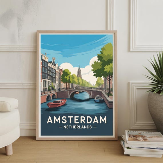 Amsterdam Travel Poster Vintage Style Netherlands Cityscape Art Unique Wall Decor Wedding Or Birthday