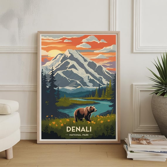 Denali National Park Alaska Mountain Bear Vintage Sunset Travel Poster