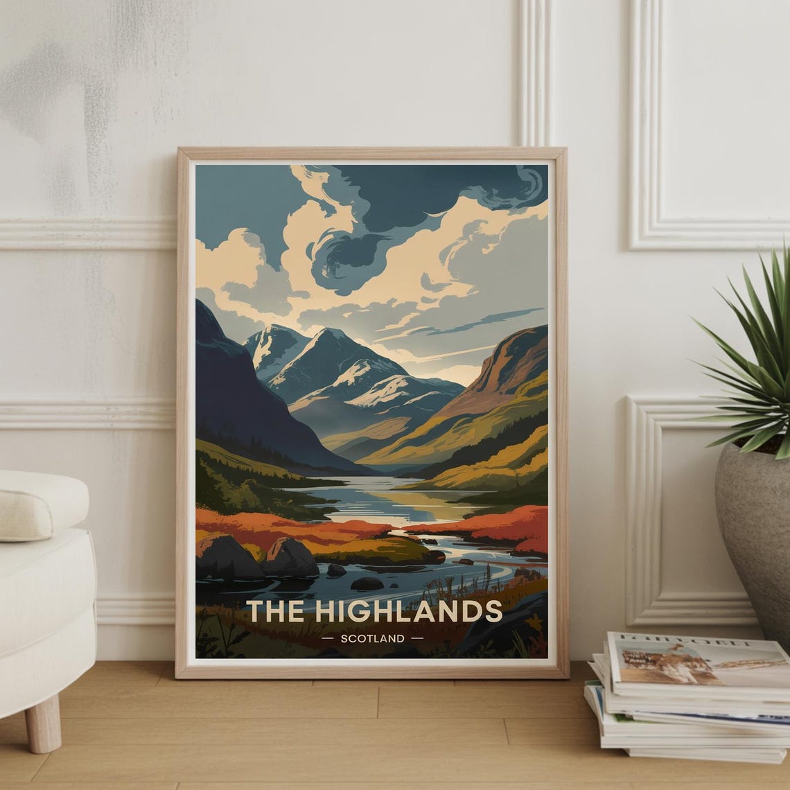 The Highlands Scotland Mountain Valley Retro Travel Wall Poster