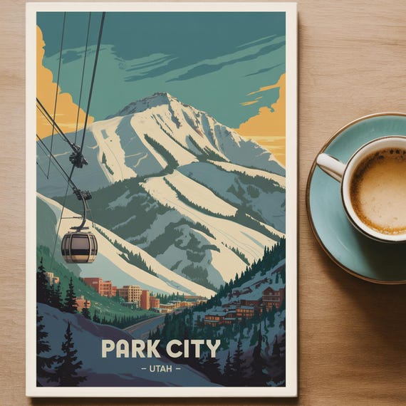 Park City Utah Ski Poster Winter Travel Wall Art Scenic Mountain Landscape Resort Decor