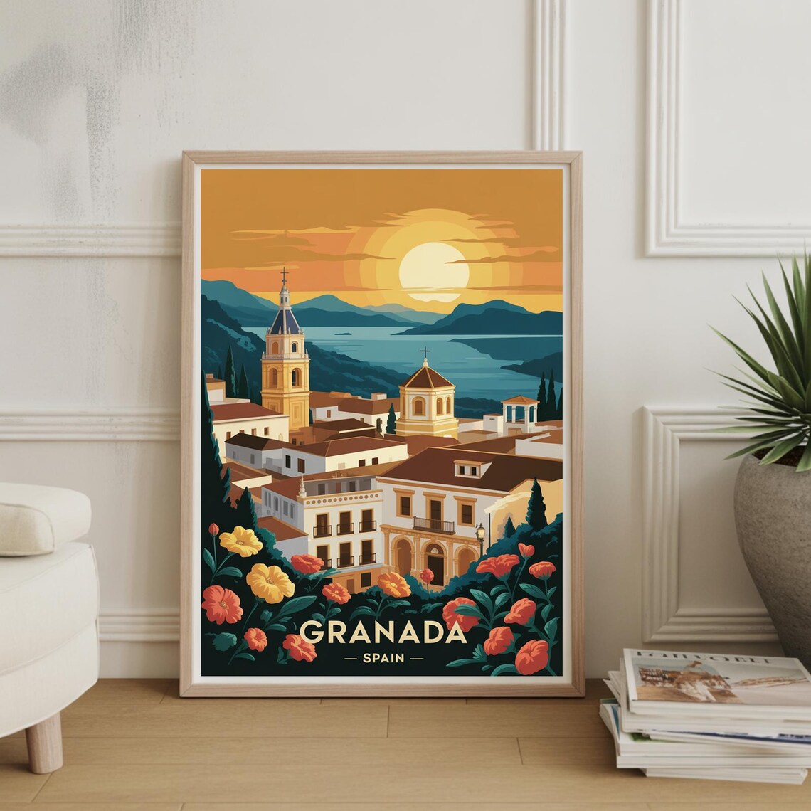 Granada Spain Golden Sunset Old Town Andalusia Vintage Travel Poster