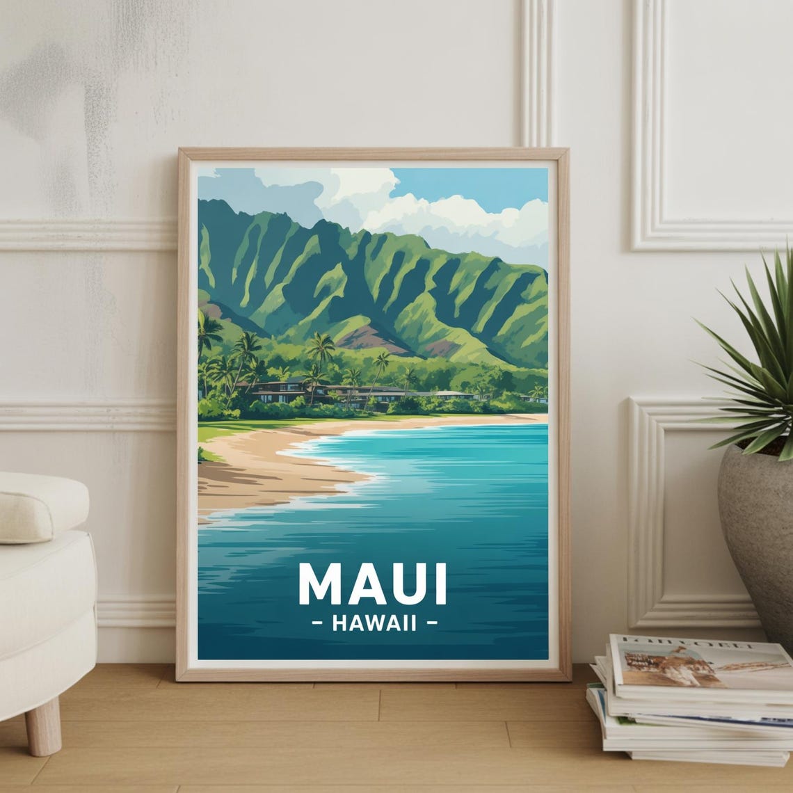 Maui Hawaii Tropical Beach Green Mountains Retro Travel Poster