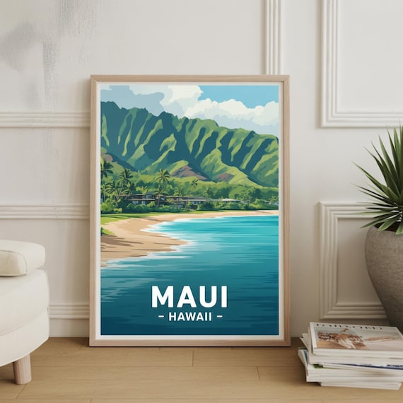 Maui Hawaii Tropical Beach Green Mountains Retro Travel Poster