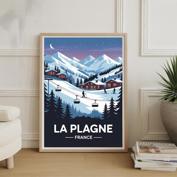 La Plagne France Ski Resort Night Gondola Winter Travel Poster