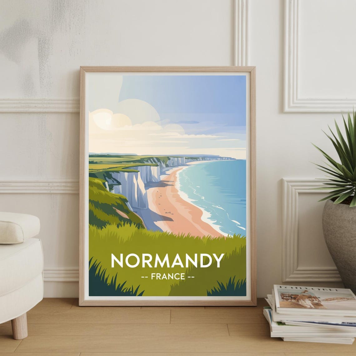 Normandy France Vintage Travel Poster White Cliffs Beach Coast
