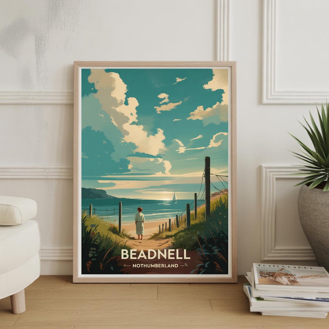 Beadnell Beach Northumberland Coastal Sunset Retro Travel Poster
