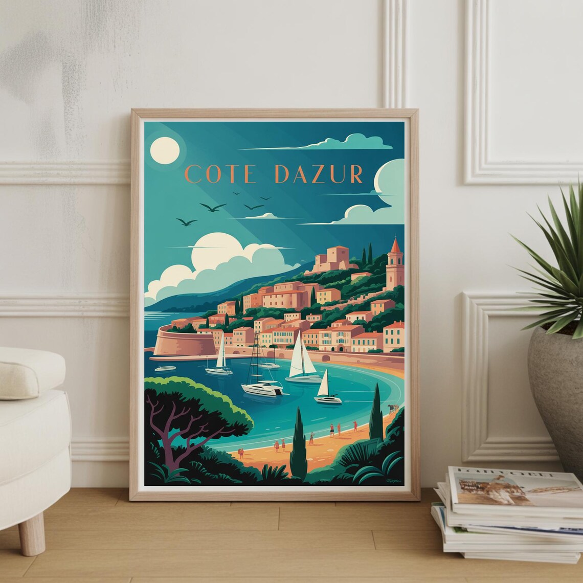 Cote dAzur French Riviera Sailboats Beach Vintage Travel Poster