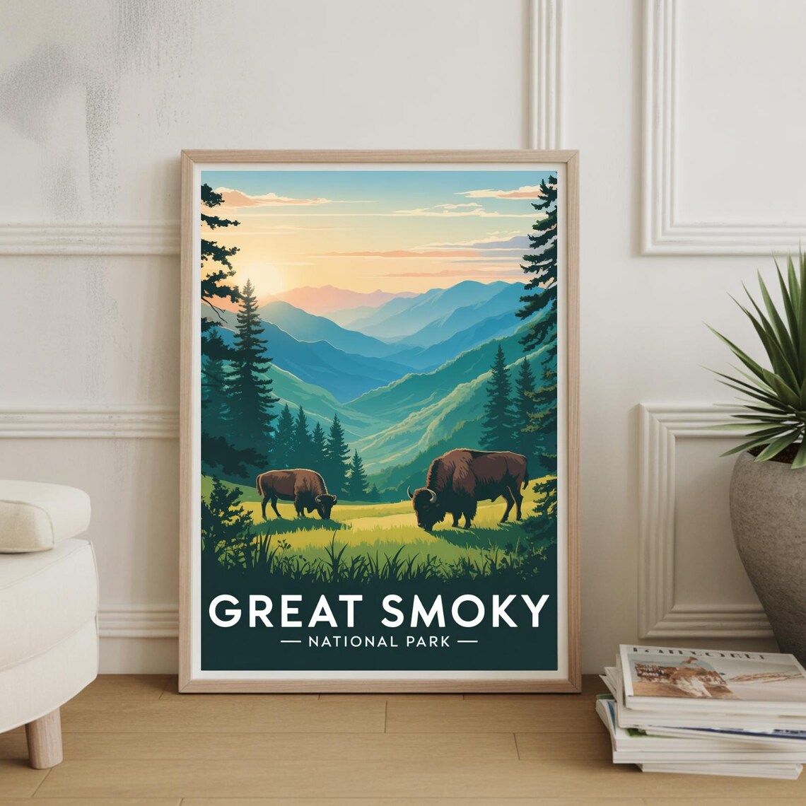 Great Smoky Mountains Bison Grazing at Sunrise National Park Poster