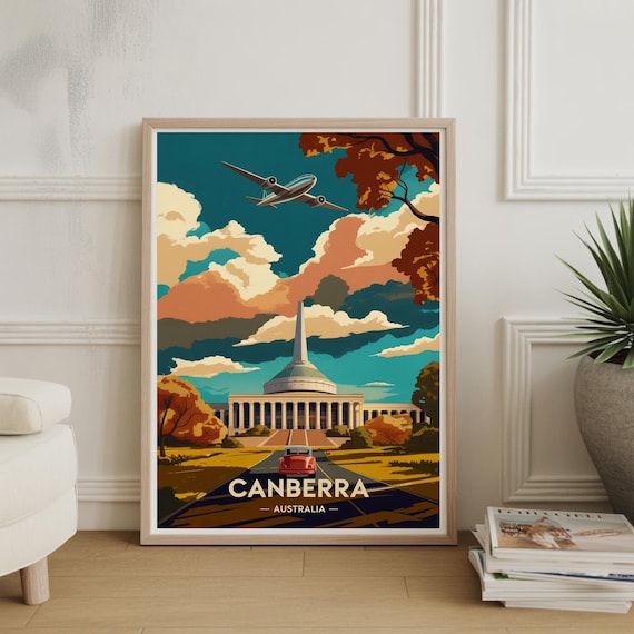 Canberra Australia Vintage Landmark Cityscape Retro Travel Poster