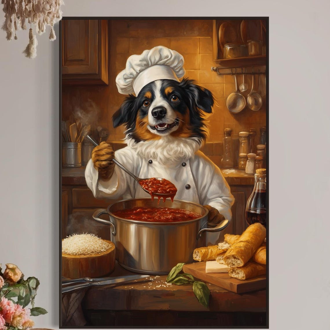 Australian Shepherd Chef Tasting Tomato Sauce in Kitchen Poster
