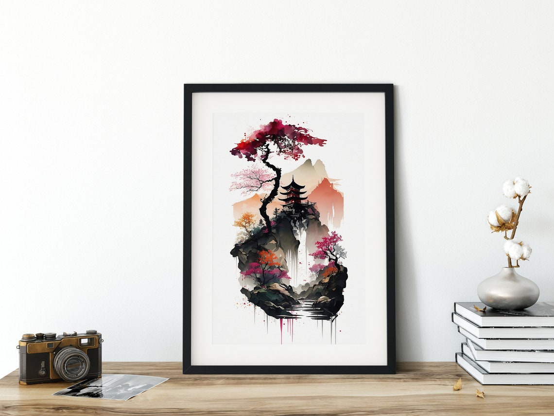 Japanese Watercolor Pagoda With Red Ink Tree Landscape Wall Art - Image 5