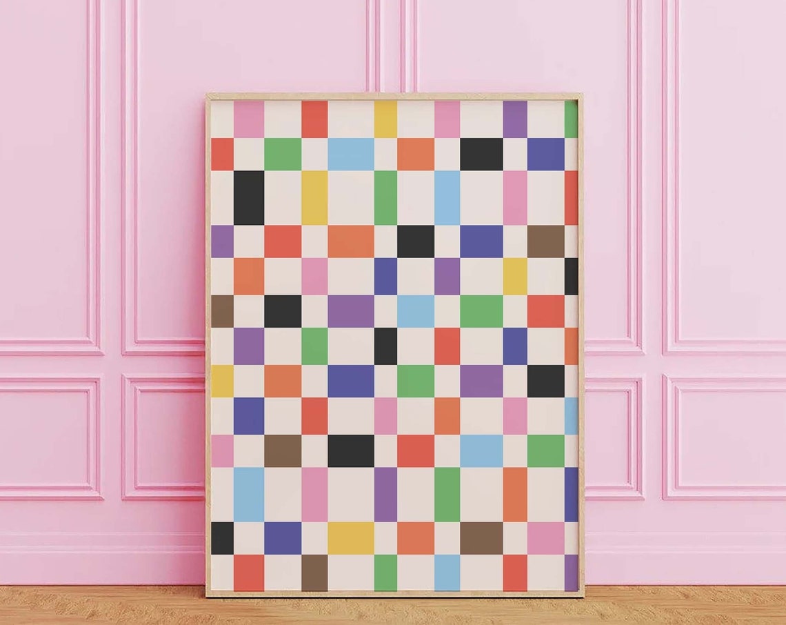 Rainbow Abstract Print Art Trendy Colorful Checkered Print 70s Retro Art Cute Pride Wall Art
