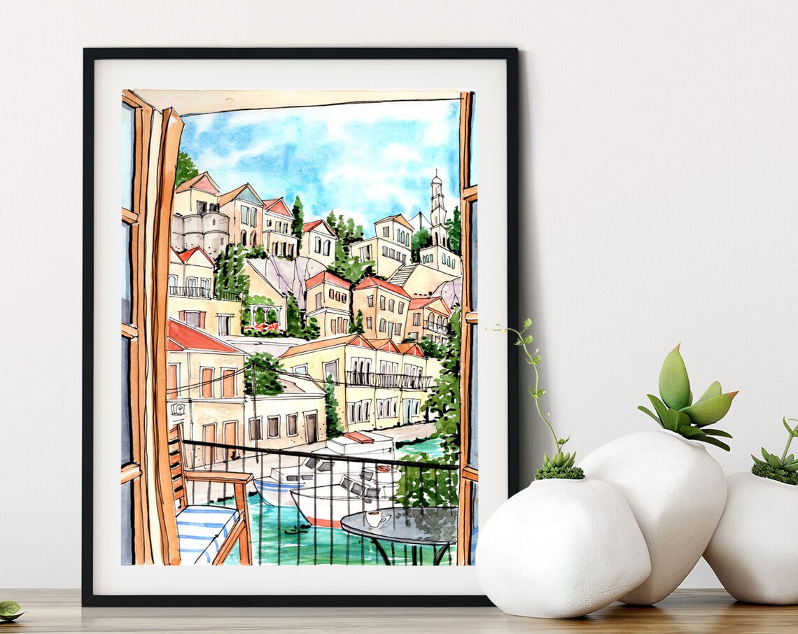 Greek Island Harbor Watercolor Pastel Houses Boats Window View Poster