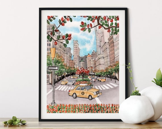 Madison Avenue New York City Yellow Cab Watercolor Street Poster