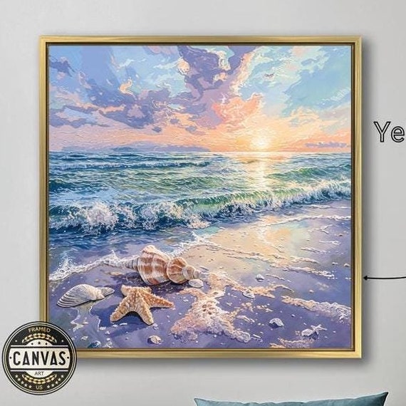 Beach Sunset With Ocean Waves, Coastal Art Print
