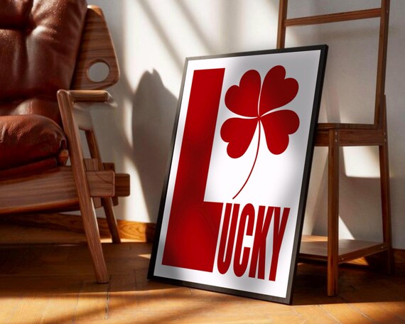 Lucky Red Four Leaf Clover Typography Bold Maximalist Poster