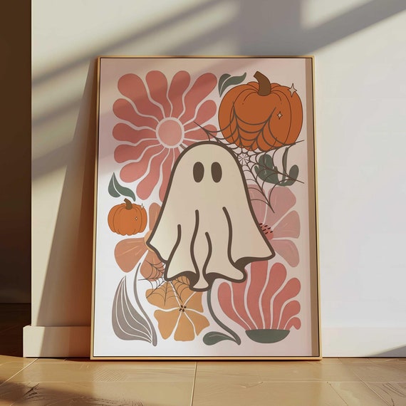 Halloween Boho Print Fall Pumpkins Autumn Flowers Home Decor Apartment Poster Trendy Cute Dorm