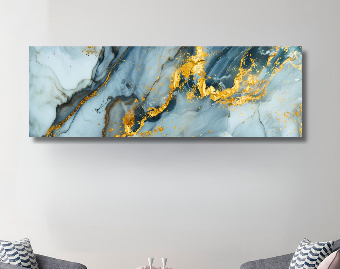 Blue And Gold Abstract Marble Fluid Long Panoramic Art Poster