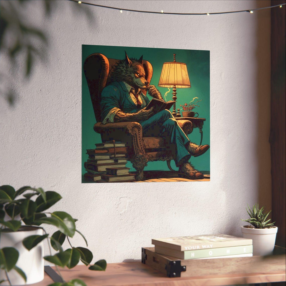 Werewolf Gentleman Reading a Book in an Armchair Humor Art Poster - Image 4