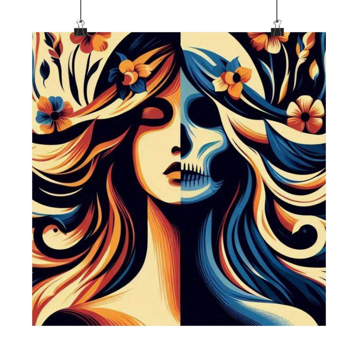 Elegant Woman and Floral Skull Split Face Bohemian Art Poster - Image 7