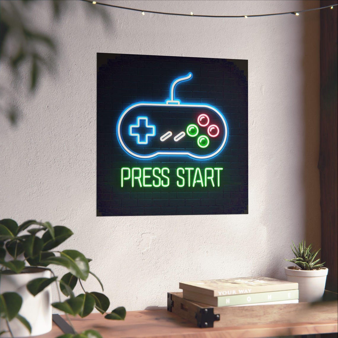 Glowing Neon Game Controller with Green Press Start Text Poster - Image 4