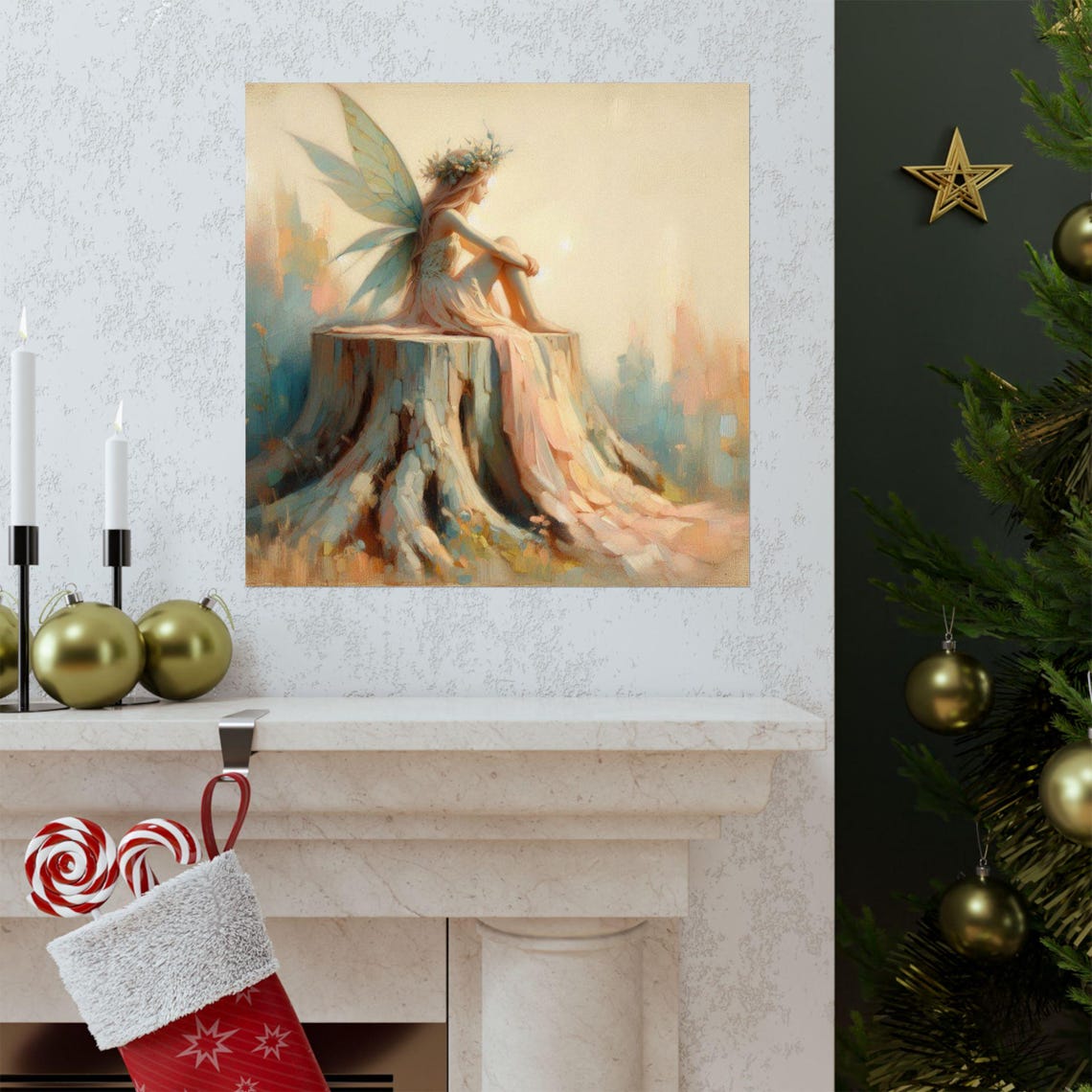 Ethereal Fairy Sitting on a Tree Stump in Misty Light Poster - Image 3