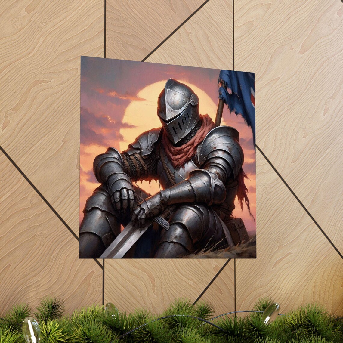 Weary Knight in Armor Kneeling at Epic Sunset Battlefield Poster - Image 5
