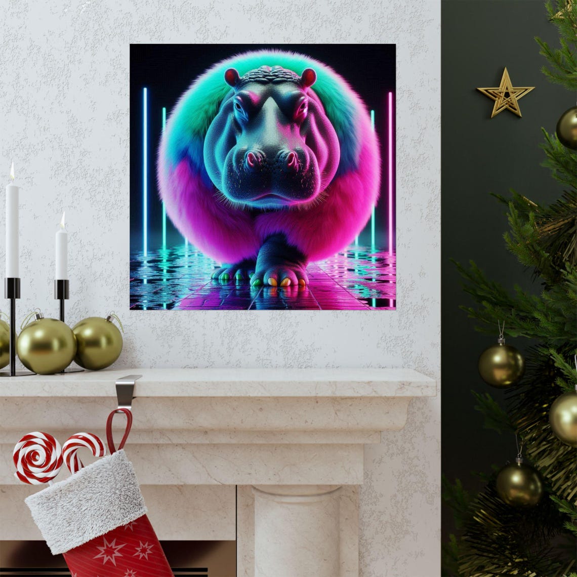Neon Fluffy Hippo in Cyberpunk Street Style Funny Animal Art Poster - Image 3