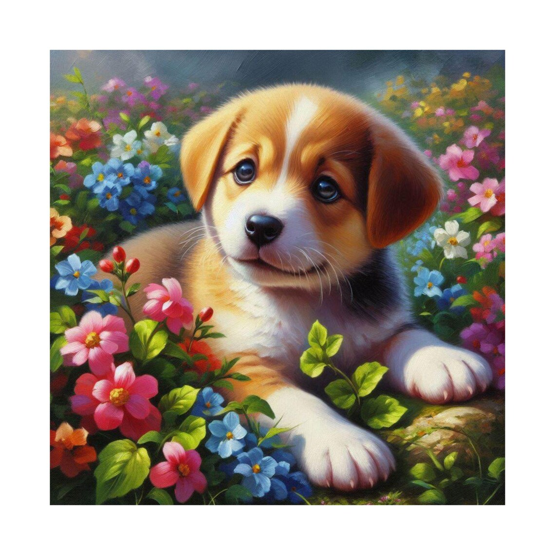 Adorable Puppy Lying among Colorful Garden Flowers Cute Dog Poster - Image 7