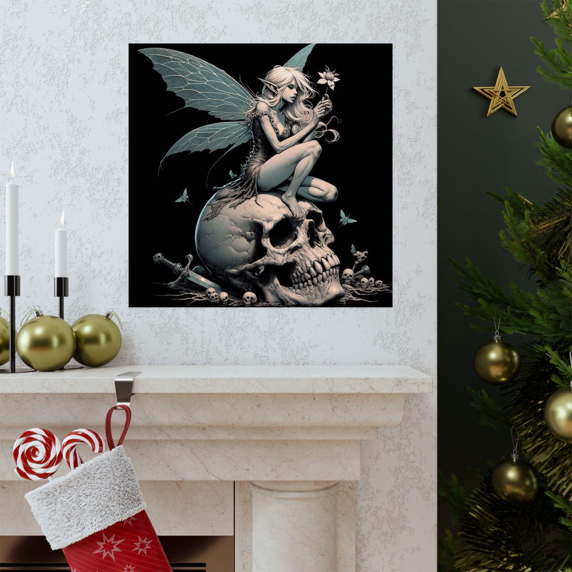 Gothic Fairy Sitting on a Skull in Dark Monochrome Art Poster - Image 3