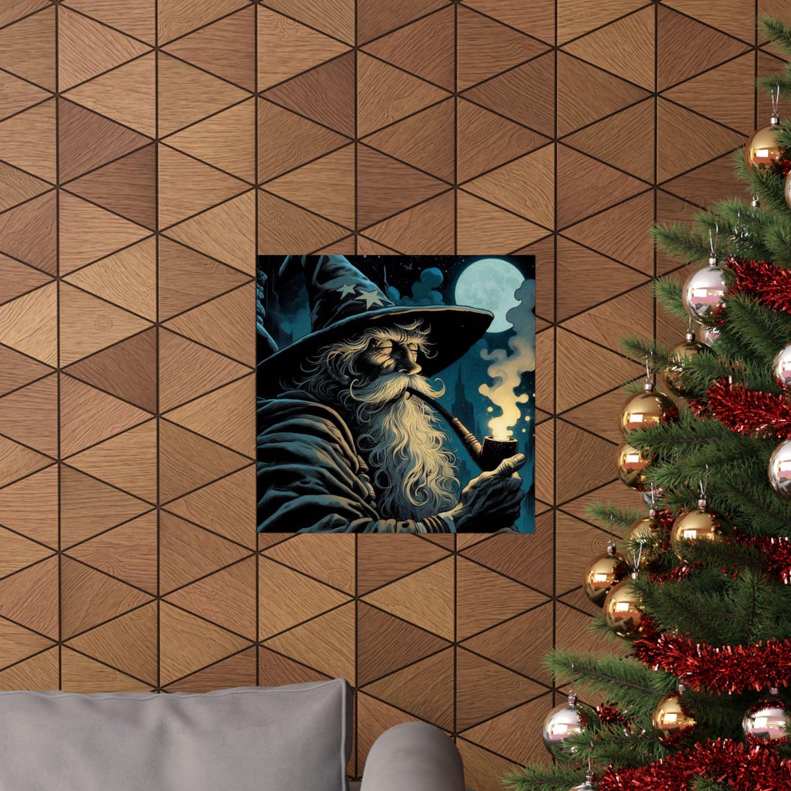 Wise Old Wizard Smoking a Pipe Under a Full Moon Night Poster - Image 5