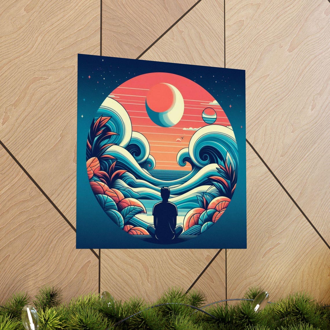 Lone Figure Meditating Before Ocean Waves Under a Moon Poster - Image 5