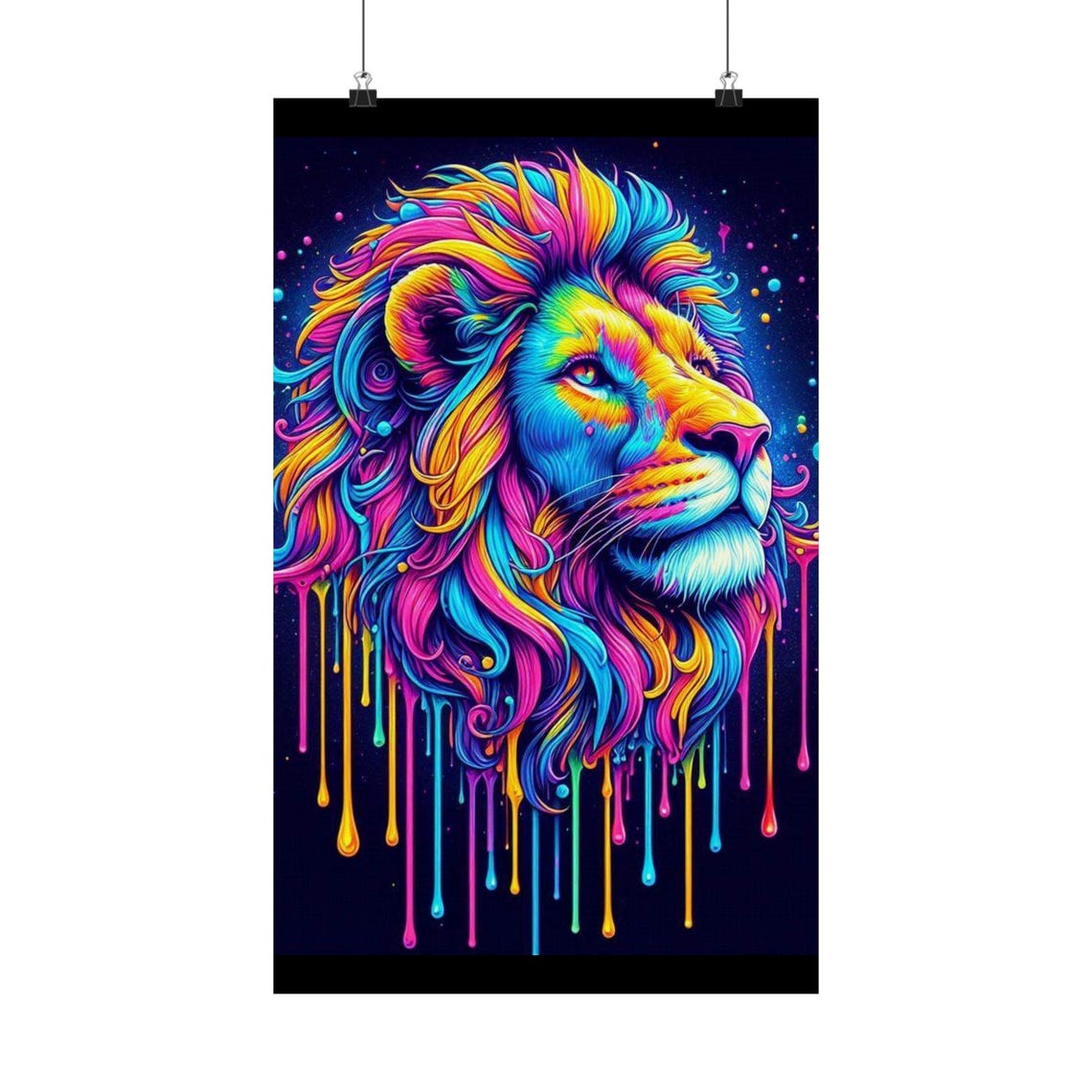 Colorful Lion Head with Dripping Neon Paint on Black Art Poster - Image 7