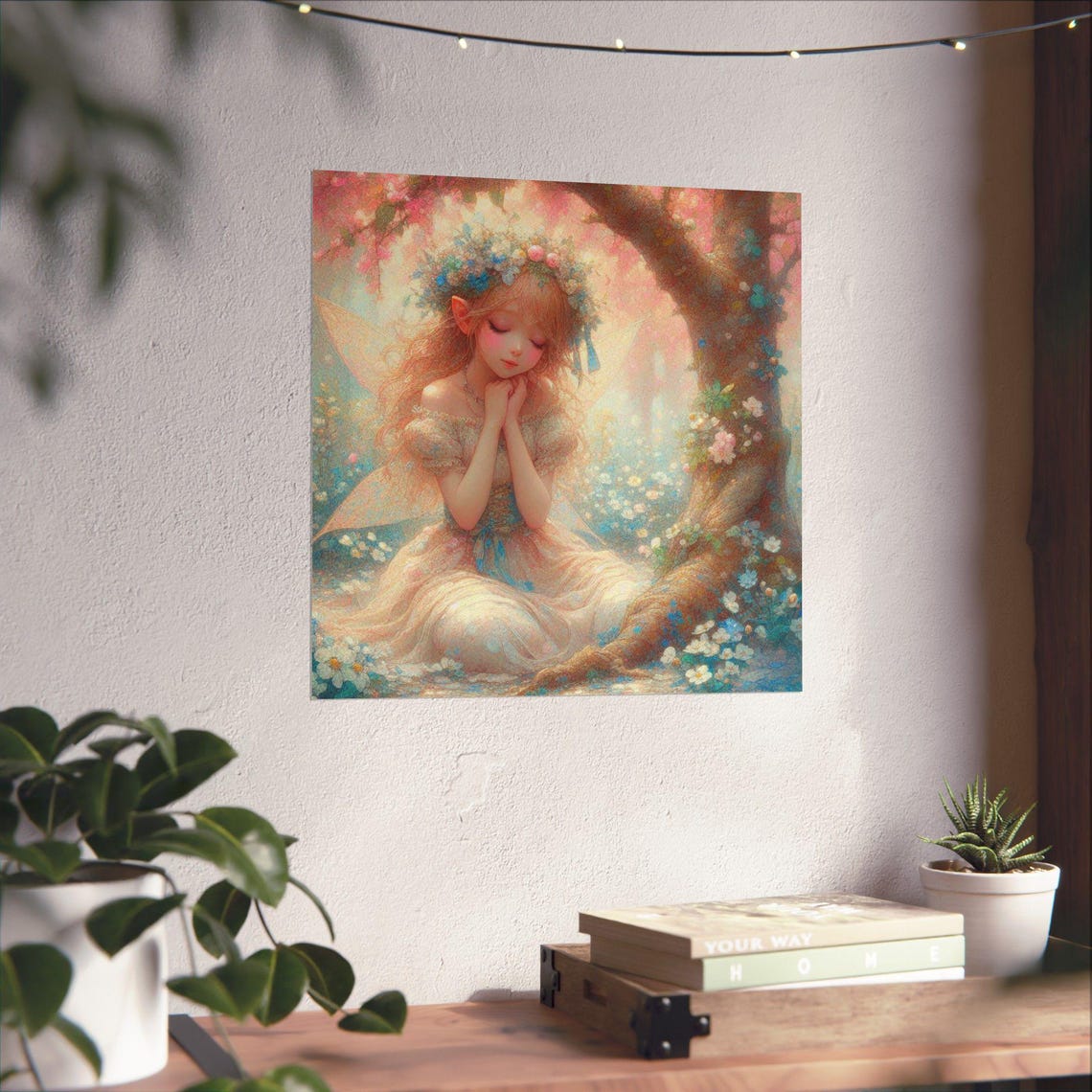 Pastel Fairy Girl Resting under Blossom Tree Spring Art Poster - Image 4