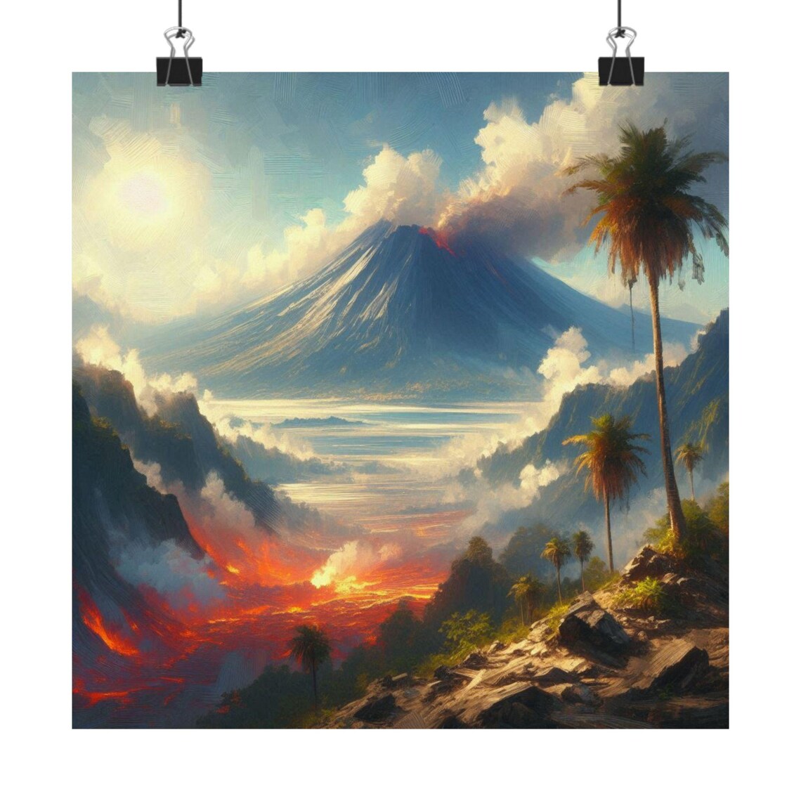 Smoking Volcano Pouring Lava Through a Tropical Valley Poster