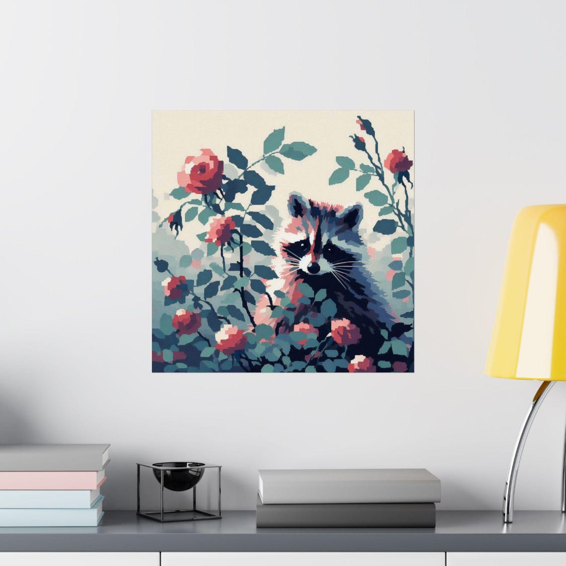 Curious Raccoon Peeking Through Red Rose Blooms Botanical Poster - Image 2