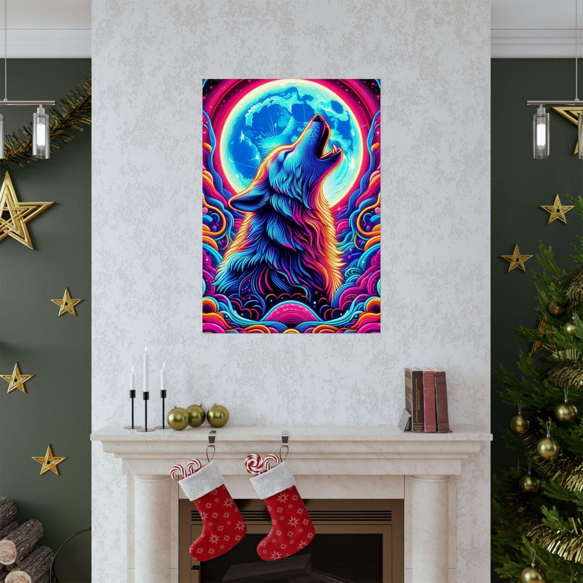 Psychedelic Howling Wolf Beneath a Glowing Full Moon Art Poster - Image 3