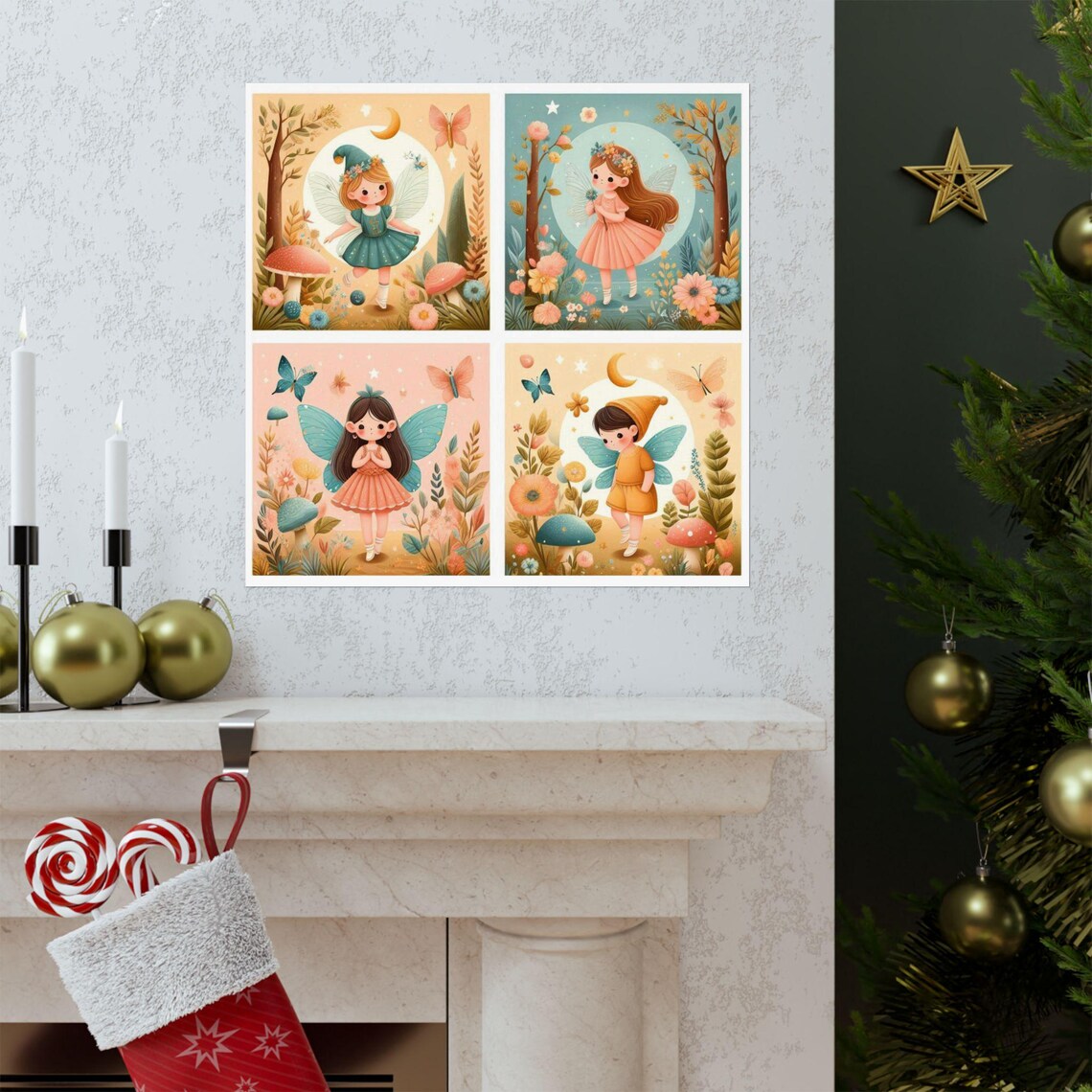 Four Cute Fairy Girls with Mushrooms and Butterflies Kids Poster - Image 3