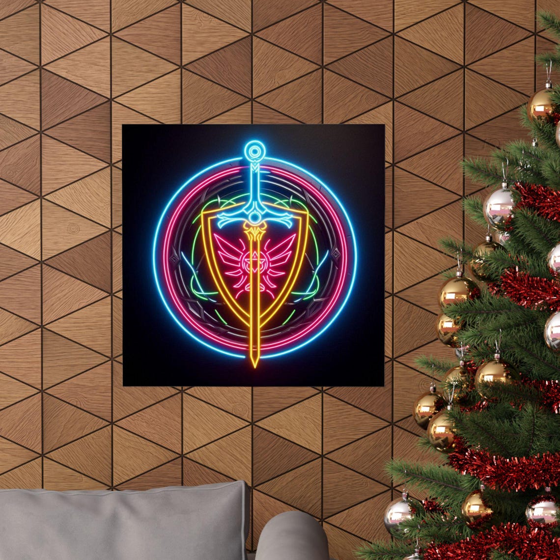 Glowing Neon Sword and Shield Fantasy Emblem on Black Poster - Image 6