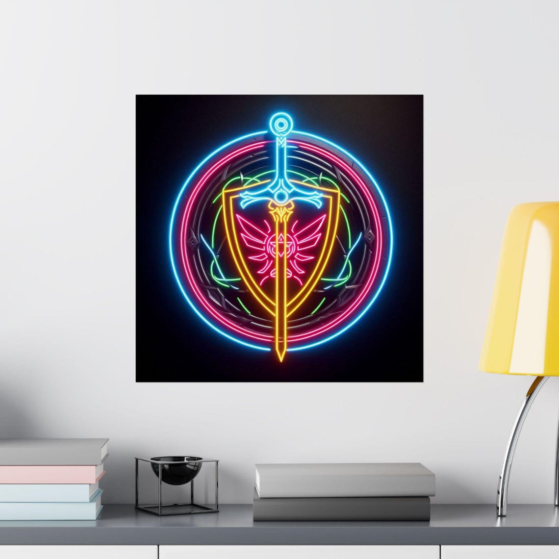 Glowing Neon Sword and Shield Fantasy Emblem on Black Poster - Image 2