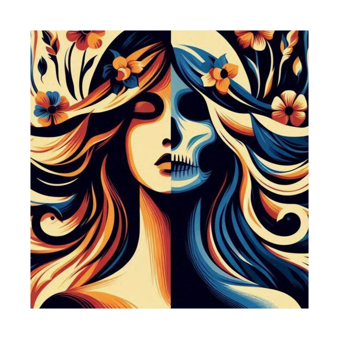 Elegant Woman and Floral Skull Split Face Bohemian Art Poster - Image 6