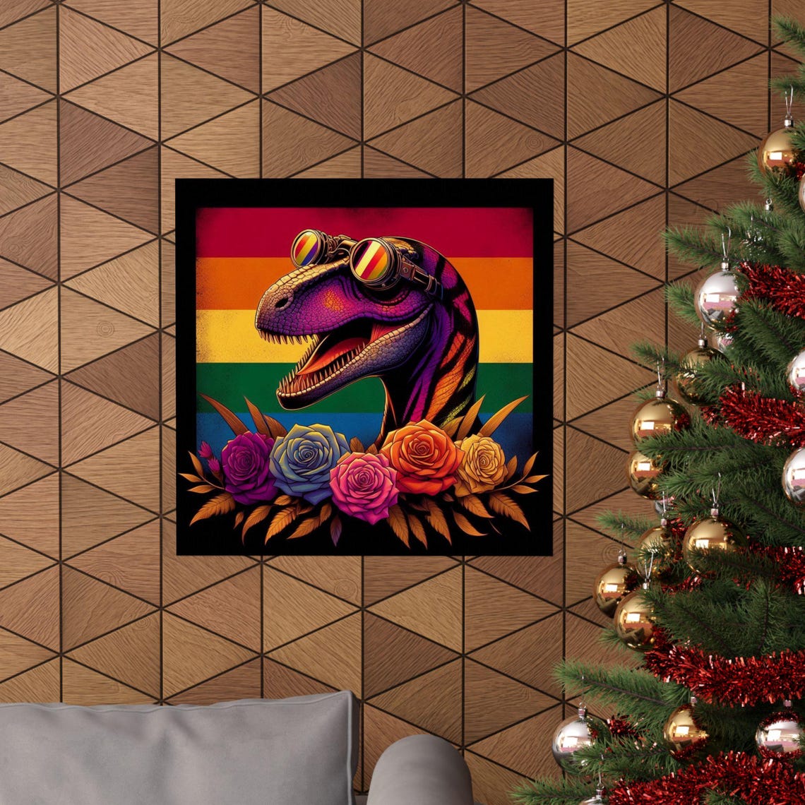 Psychedelic Rainbow Raptor Dinosaur with Goggles and Roses Poster - Image 5