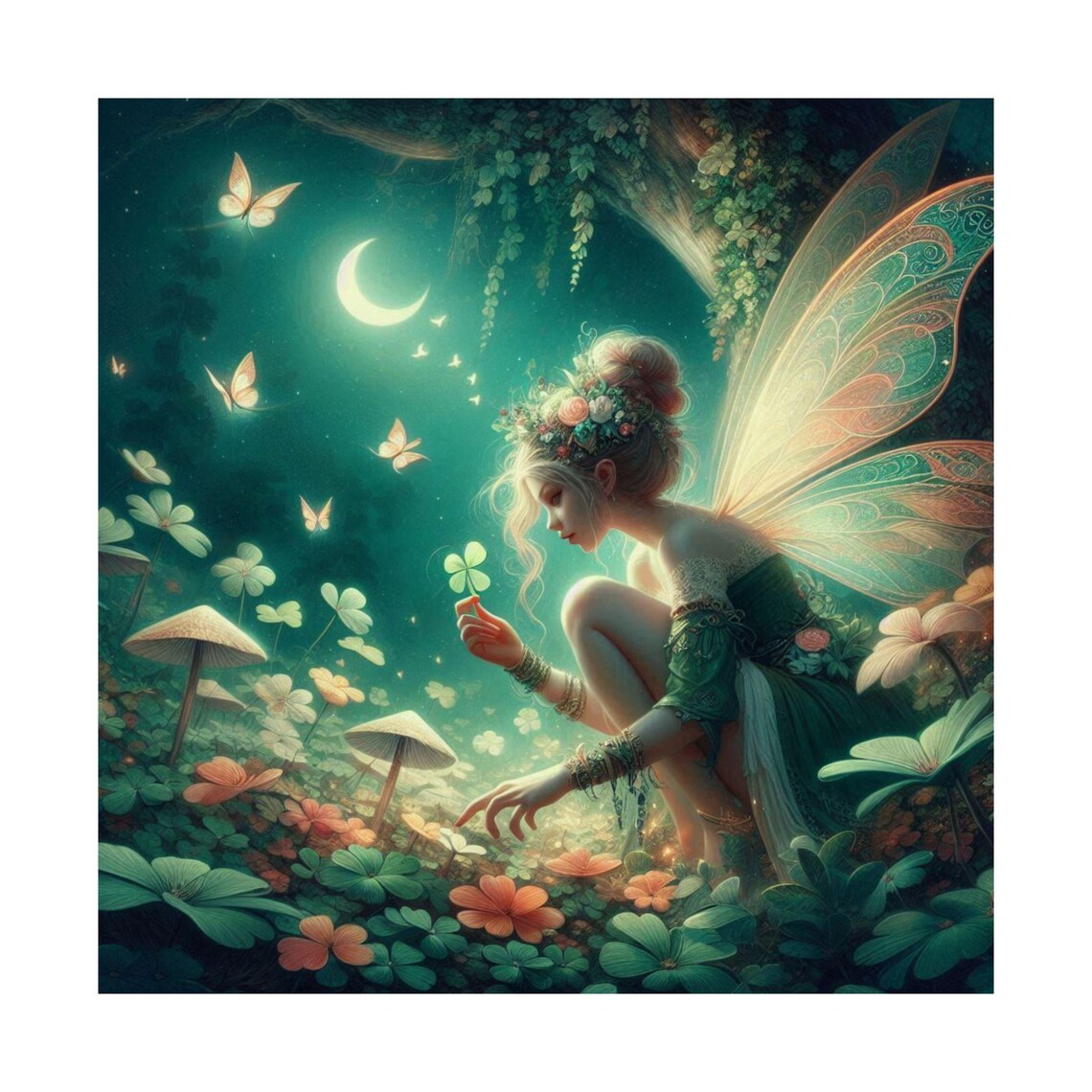 Moonlit Fairy in a Magical Mushroom Forest Night Garden Poster - Image 6